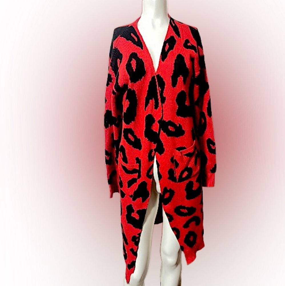 Red & Black Leopard Print Long Cardigan with Pockets